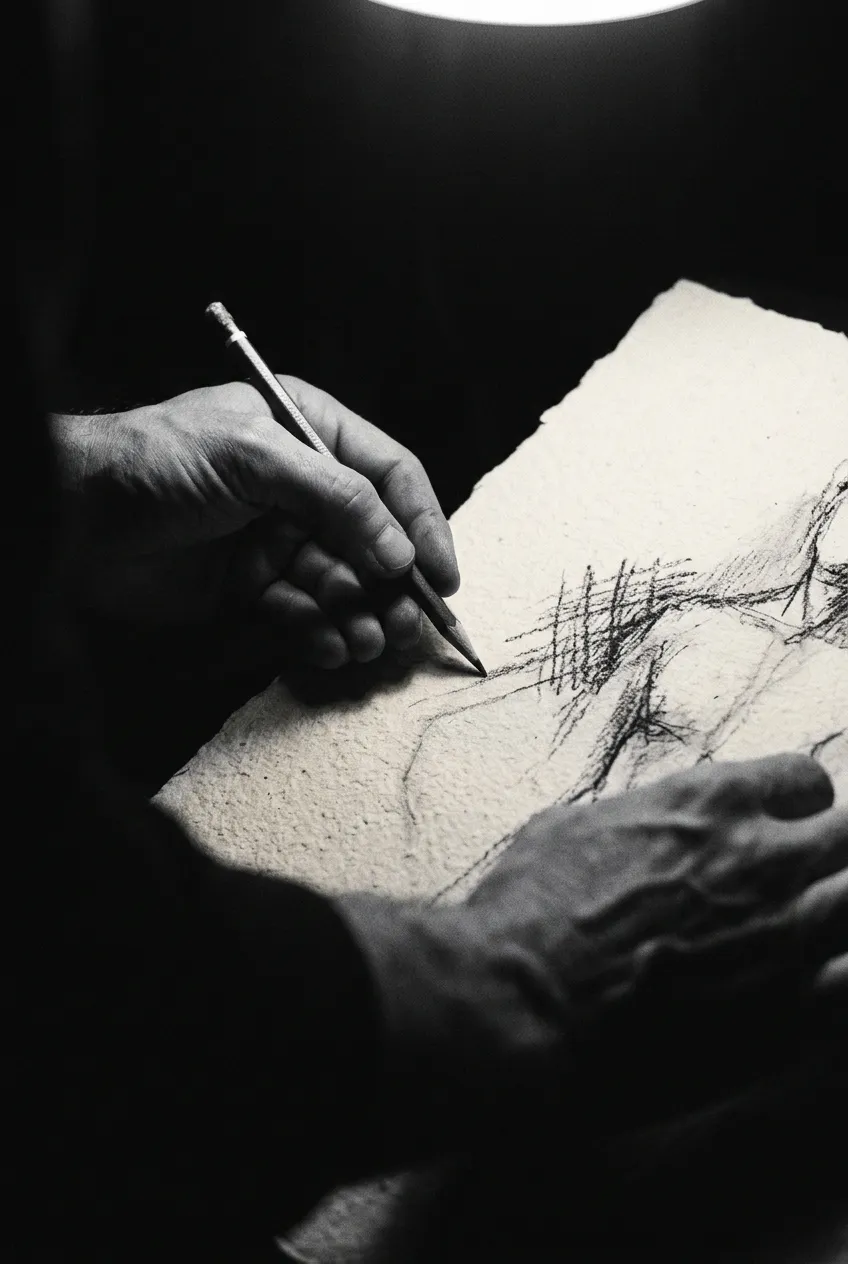 The artist's hands drawing with graphite in the Black Dog Society studio