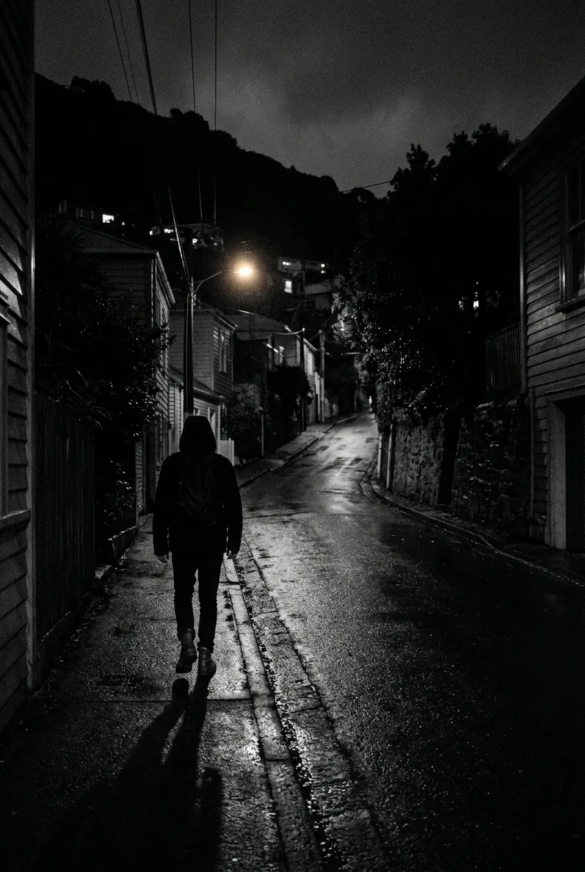 A solitary figure walking a dark street at night, Wellington New Zealand